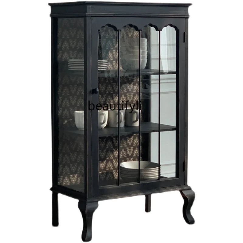 American Style French Style Rural Black Pastoral Solid Wood Glass Dining Room Sideboard Storage Wine Cabinet Design