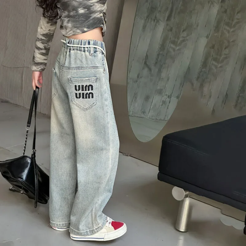 Girl's Hot Diamond Embroidered Jeans 2024 Spring Children Kids Wide Leg Pants  Korean Edition Loose Trousers for Girls 120-170cm