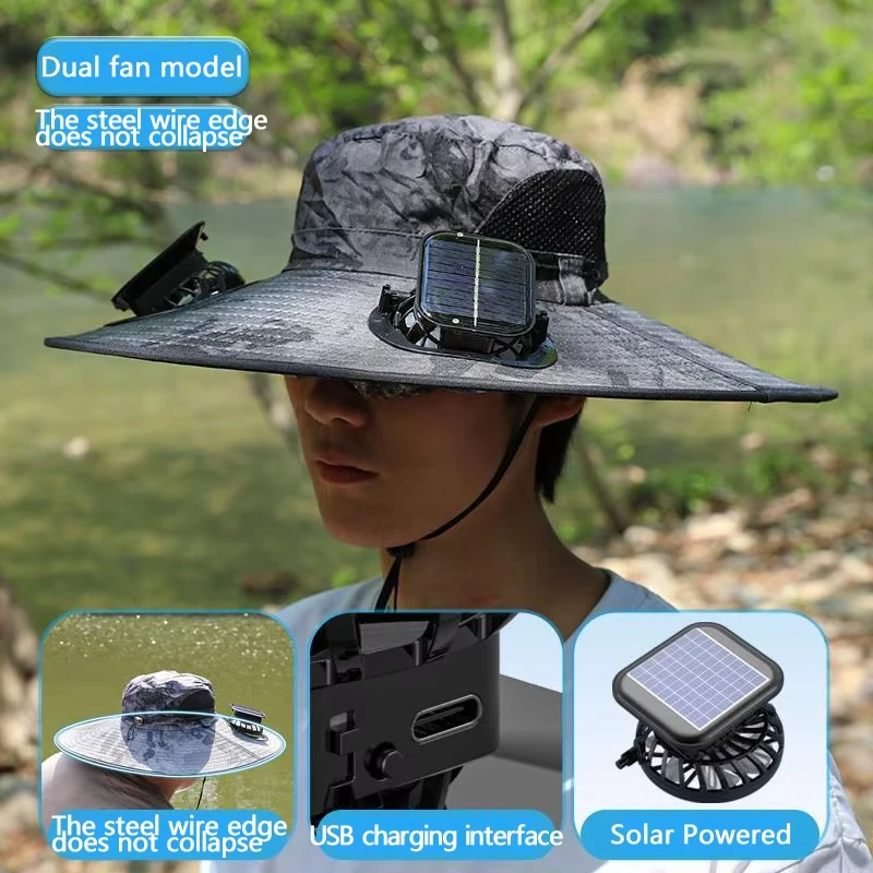 Sombrero Para El Sol Con 2 Ventilador Solar, Sombrero De Pca De Ala Ancha Para Exterior