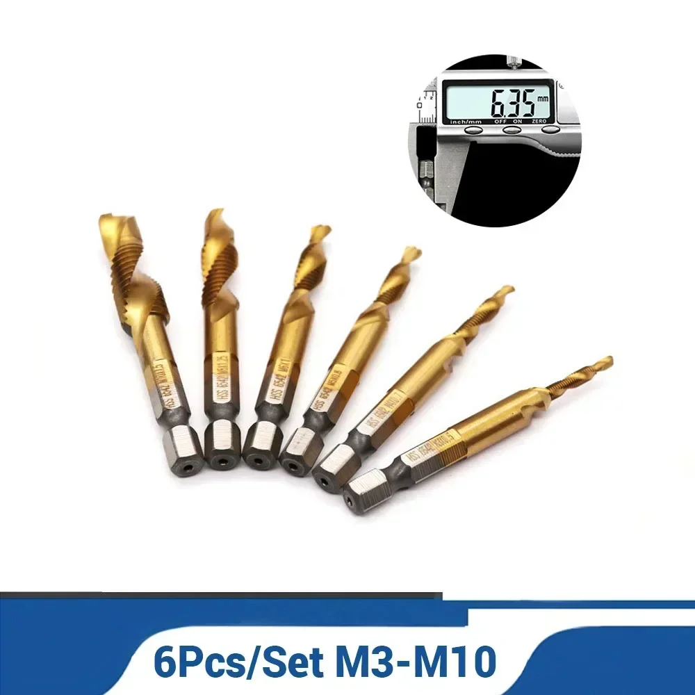 

6Pcs/Set Hex Shank Titanium Drill Bit Set HSS M3-M10 Bit Screw Machine Compound Tap For Metal Steel Wood Plastic Drilling Tools