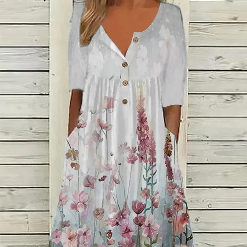 

Buttons Short Sleeve Printing Pocket O-neck Pullovers Simplicity Elegant Summer Thin Casual Women's Clothing Fashion Dresses