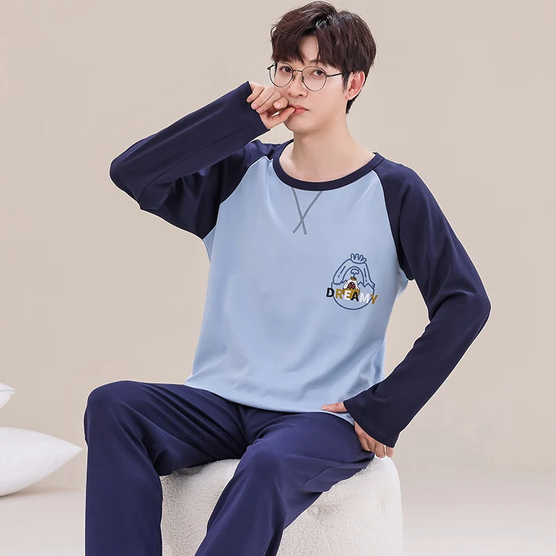 Men Pyjama Set Cotton Spring Long Sleeve Print Men Pajama Suit Autumn Nightwear O Neck Pijama Male Sleepwear Two Piece Set