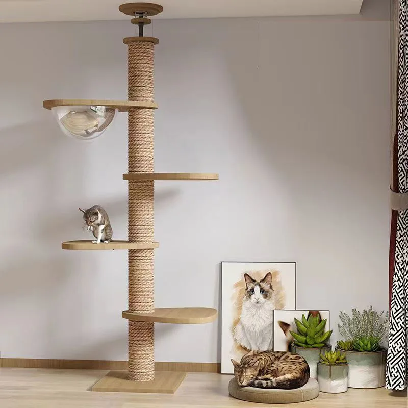 Multi-Level Ceiling Cat Tree Tower Wood Climbing Frame Sisal Rope Cat Scratching Posts Grinding Paws Perch Tower Kitten Condos