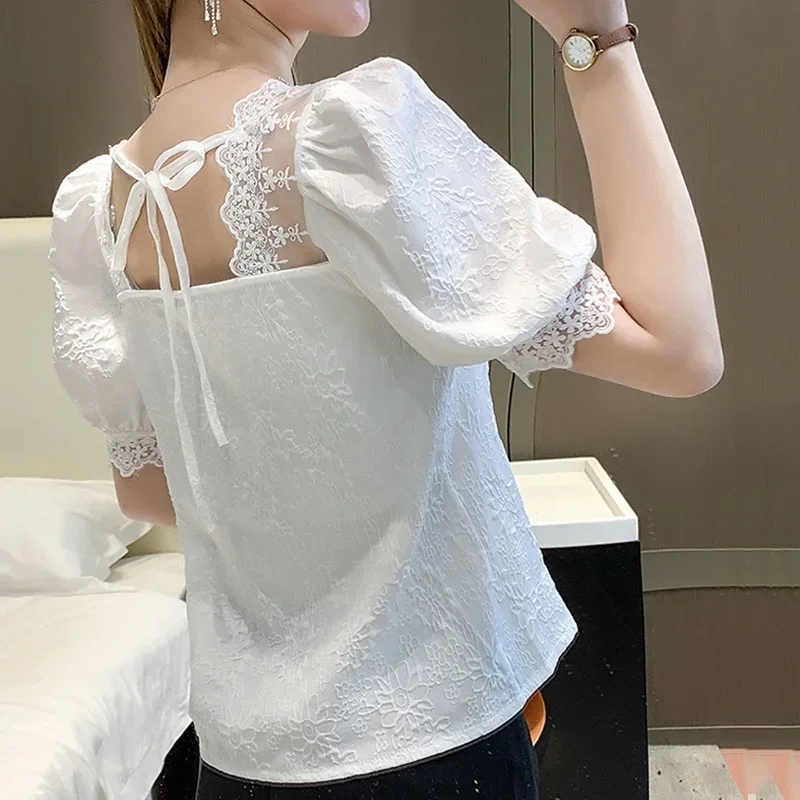 

Summer 2022Fashion Short Sleeve Lace Chiffon Tops Square Collar Embroidery Blouse Women Solid Stitching Floral Lady Shirt 14114