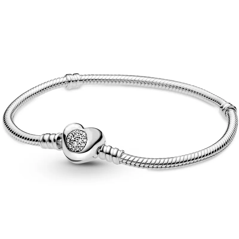 

Original Mouse Heart Clasp Snake Chain Bracelet Bangle Fit Women 925 Sterling Silver Bead Charm Fashion Jewelry