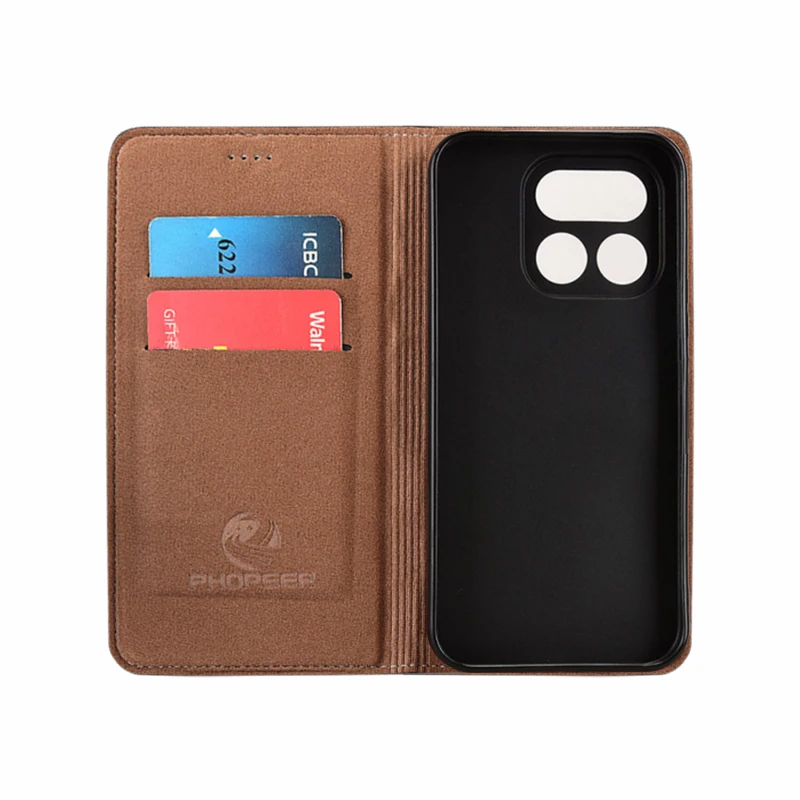 Genuine Leather Flip Case with Magnetic Closure and Card Pocket - Cowhide Grid Pattern Wallet Cover