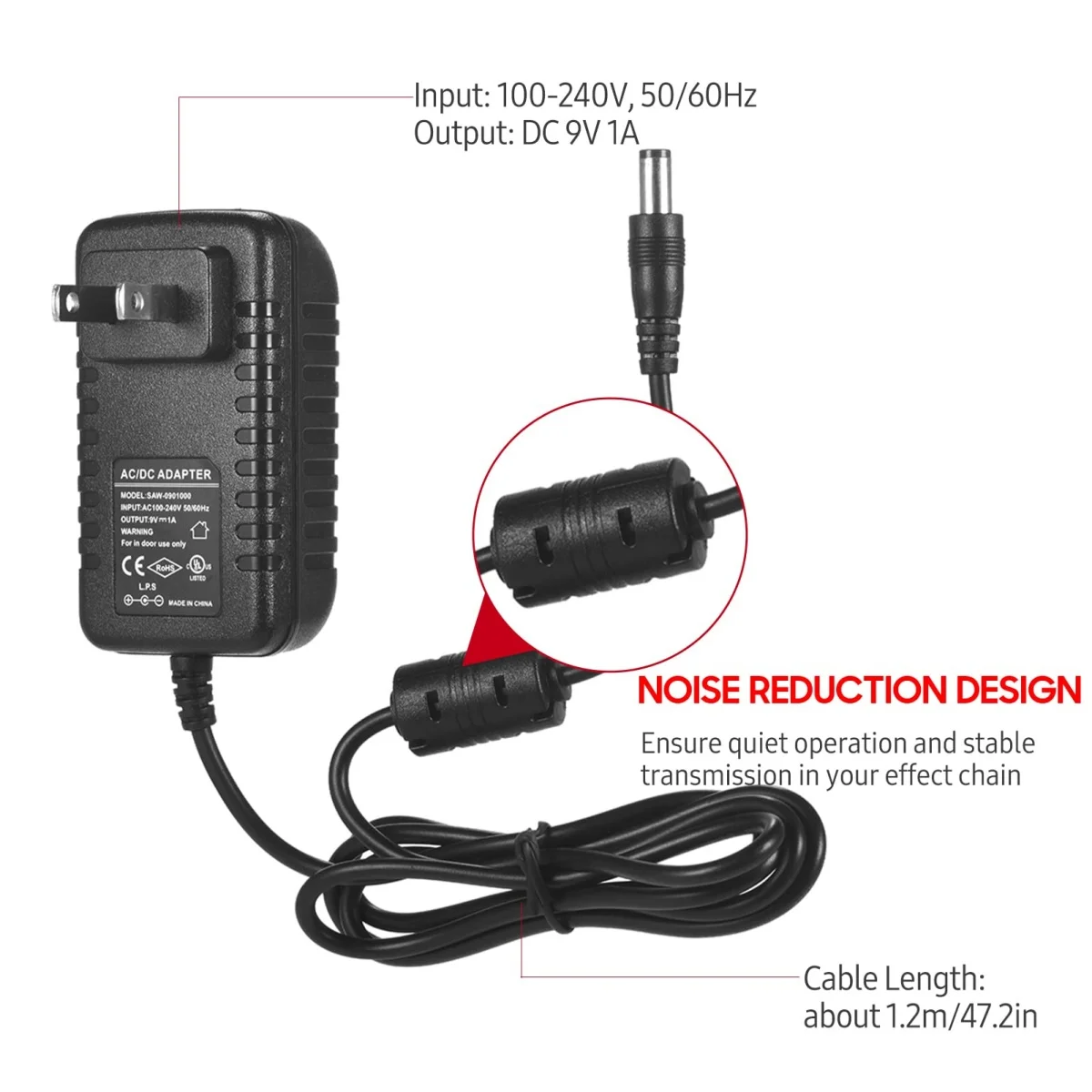 Enhanced Guitar Pedal Power Supply Adapter - Reinforced Noiseless Daisy Chain Cable 9V DC 1A (1 to 10 Outputs)