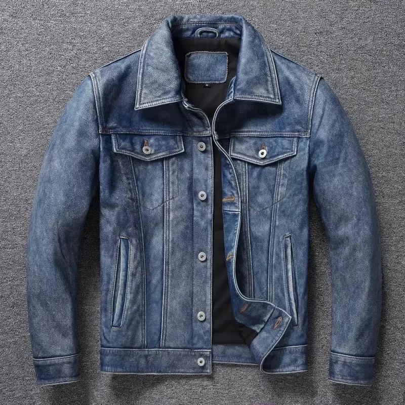 

Free shipping.Men Vintage Blue Denim leather jacket.quality slim fit cowhide coat.557 genuine cloth.fashion