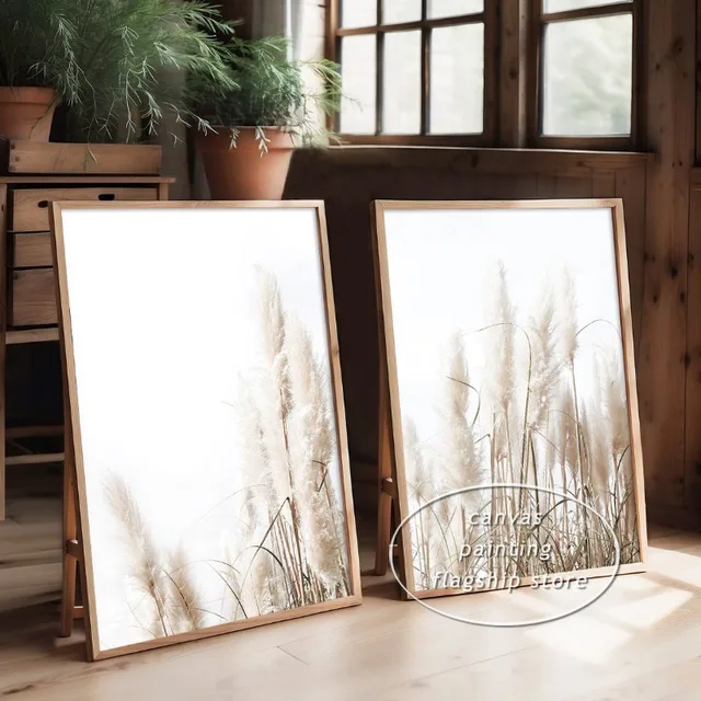 Pampas Grass Beach Costal Style Dried Grass Plant Photography Print Canvas Paintings Wall Art Poster Living Room Decor Picture