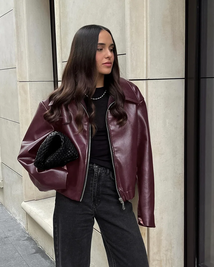Veste en similicuir rouge bordeaux, épaisse, à fermeture éclair, col à revers, en PU, pour femme, style streetwear automne-hiver