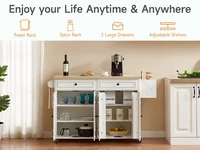 60" Mobile Kitchen Islands Rolling Trolleys Kitchen Island Table Drop Leaf Home Carts with Power Outlet Spice Towel Rack Trash 4