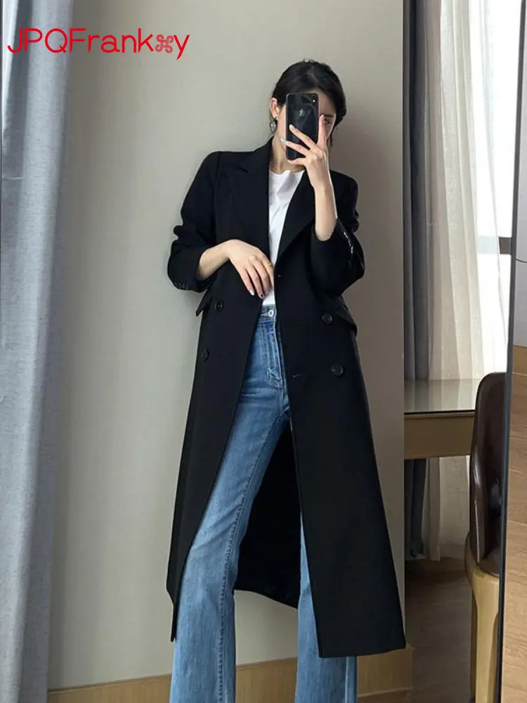 

Black Trench Coat Woman Spring Autumn 2024 New High-end Temperament Goddess Fan Long Blazer Trend Blazers Jacket Black Trench