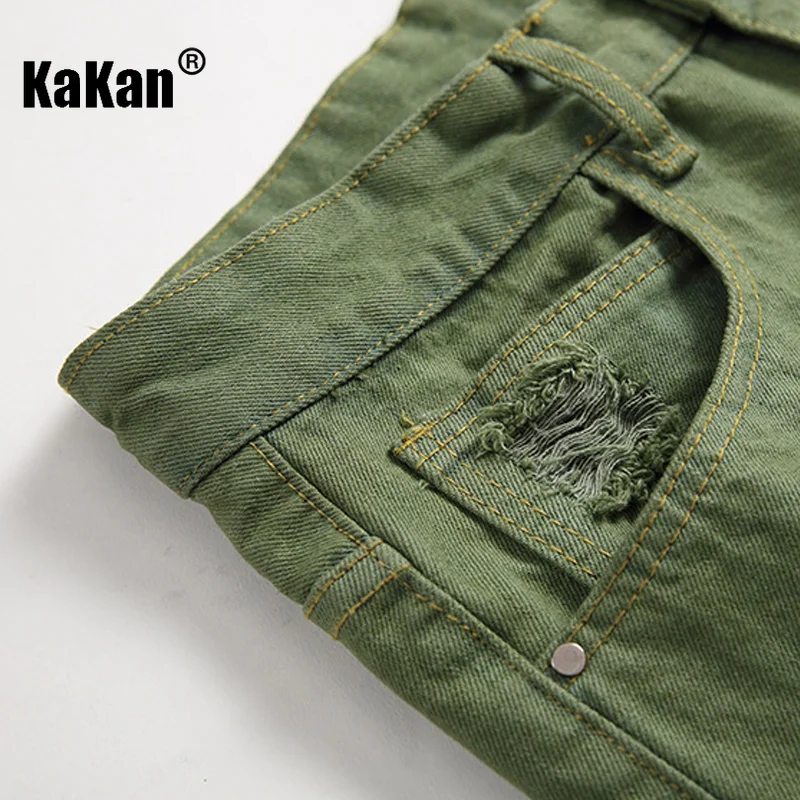Kakan - European and American New Stretch Perforated Jeans for Men, High Street Washed Old Army Green Long Jeans K36-336