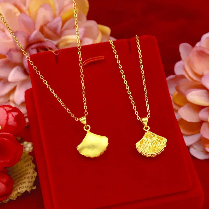 Pure 18K 999 Gold Elegant Fairy Hollow Fan Pendnat Chain for Women Birthday Wedding Christmas Gifts Jewelry Necklace Chains