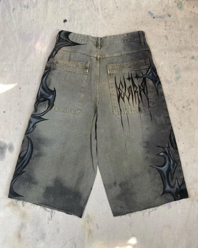 Denim Shorts Sfumato dark pattern loose washed old blue hip hop street men's zipper straight wide leg niche casual printed denim cut shorts denim shorts summer jeans shorts
