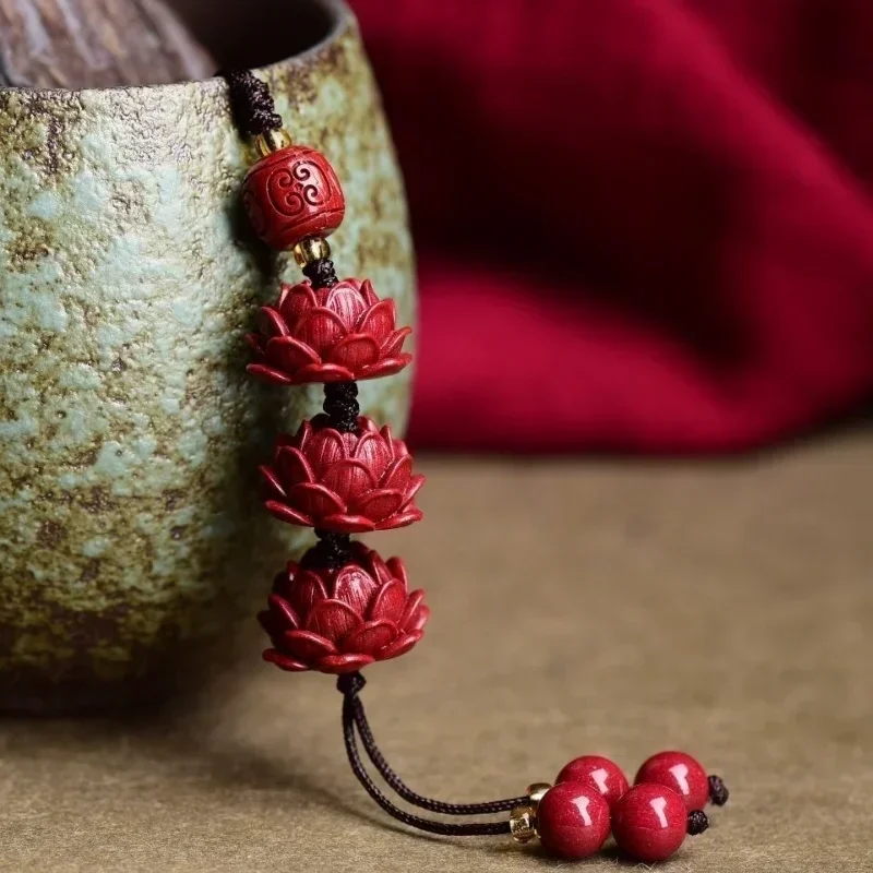 Cinnabar Lotus Key Chain Organic Jewellery Carved Fashion Chinese Natural Charm Gifts Amulet Bag Buckle Pendant Red key chain charm