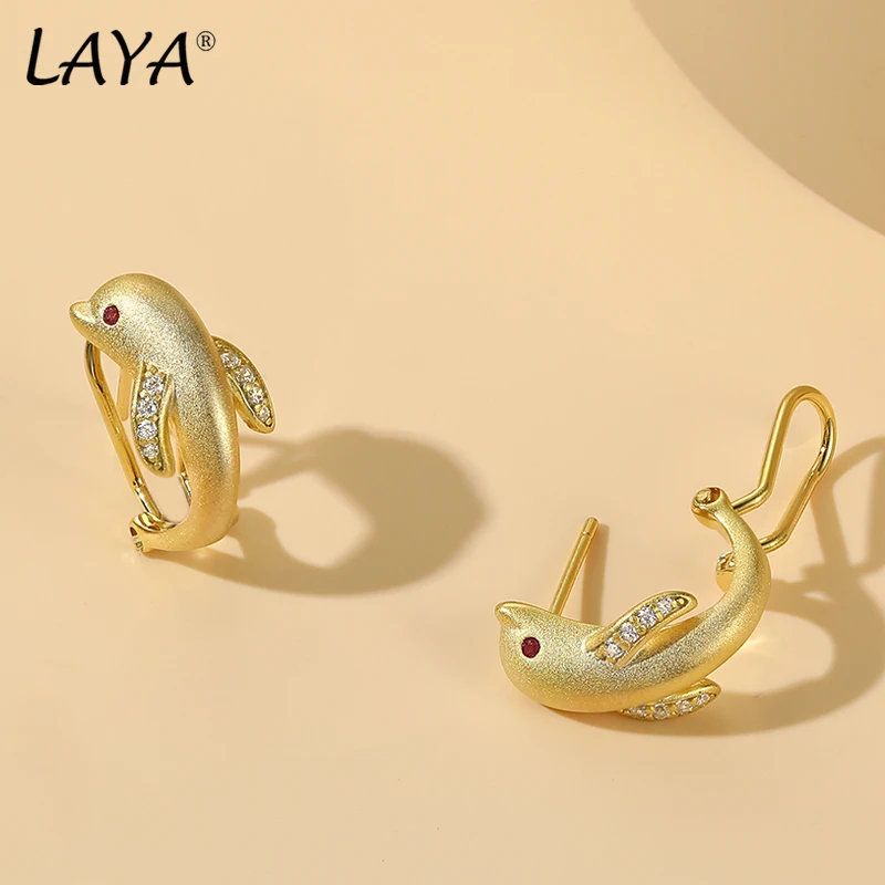 LAYA Real 925 Sterling Silver Shining Zircon Dolphin Creative Handmade Animal Fine Jewelry Stud Omega Earrings For Women