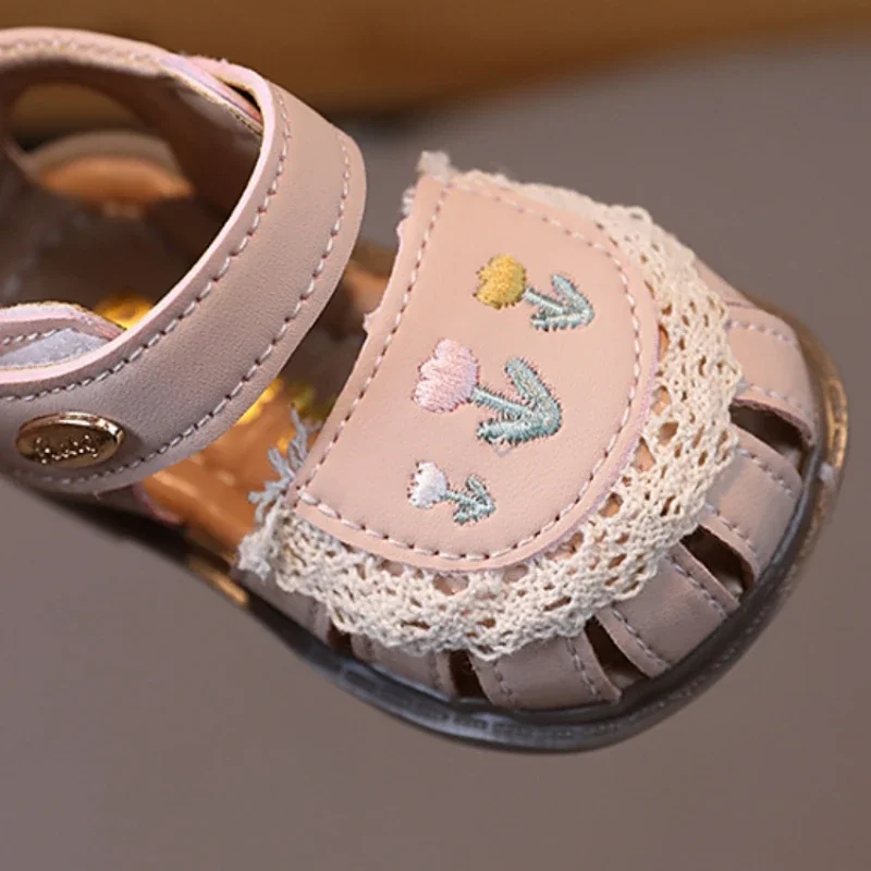Summer Baby Girls Sandals PU Leather Fashion Embroidered Flowers First Walkers Infant Soft Indoor Shoes