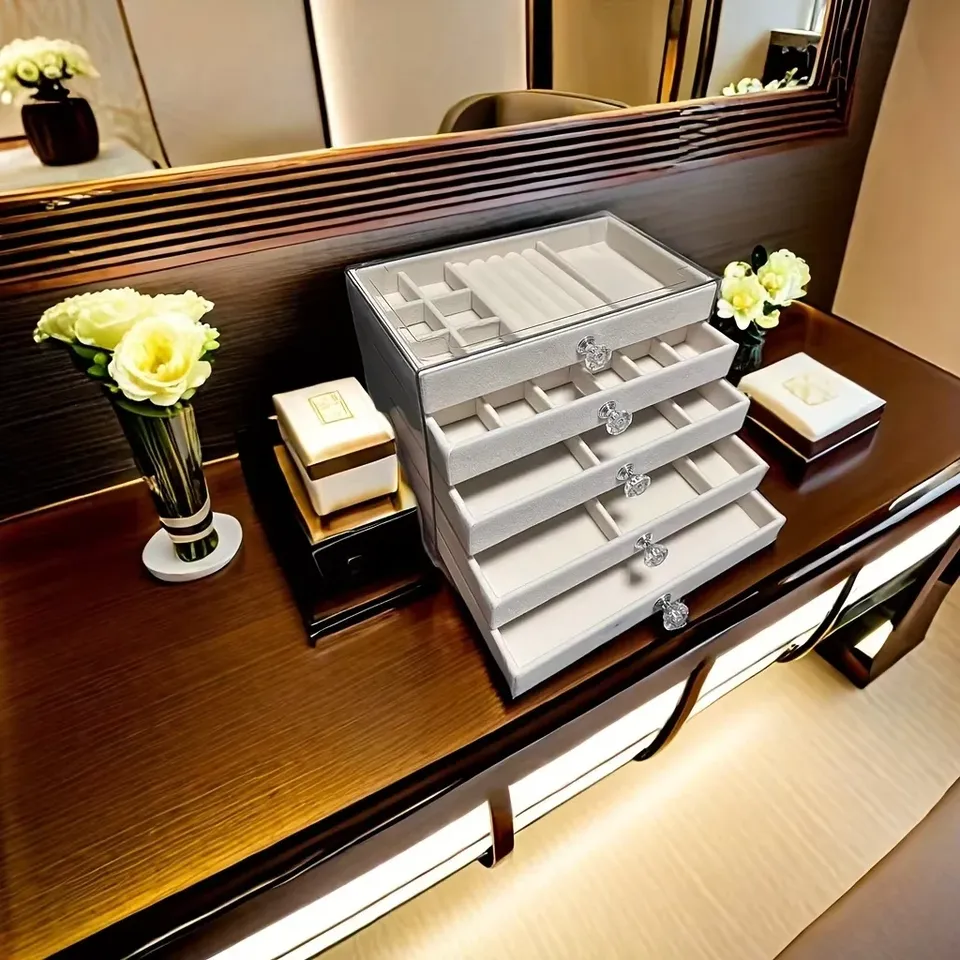 7Tier Dust-Proof Acrylic Jewelry Organizer Box, Elegant Modern Rectangular Tabletop Display Case  jewelry boxes and packaging
