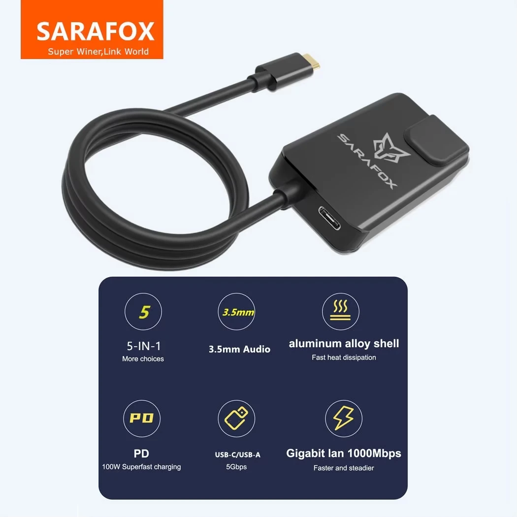 Sarafox 5in1 USB-C 3.5mm Audio with 1000mbp Rj45 network 100W PD