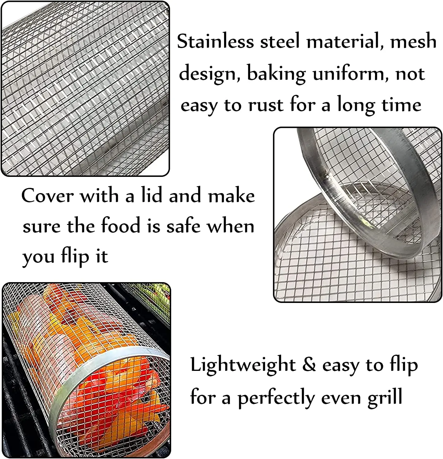 Rolling Grilling BBQ Basket Stainless Steel Wire Mesh Cylinder Grill Basket Portable Outdoor Camping Barbecue Rack Tools