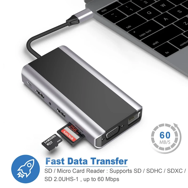 USB C Hub 4K HD Wireless Charger Multiport Adapter PD Type-C Docking Station VGA RJ45 TF SD Card Reader for Macbook 14 in1