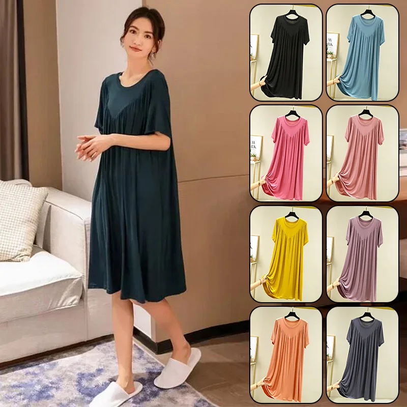 Summer Nightgowns Large Size Loose Long Casual Homewear Sleepwear Dresses Female Short Sleeve Modal Comfy Ladies Nightdress
