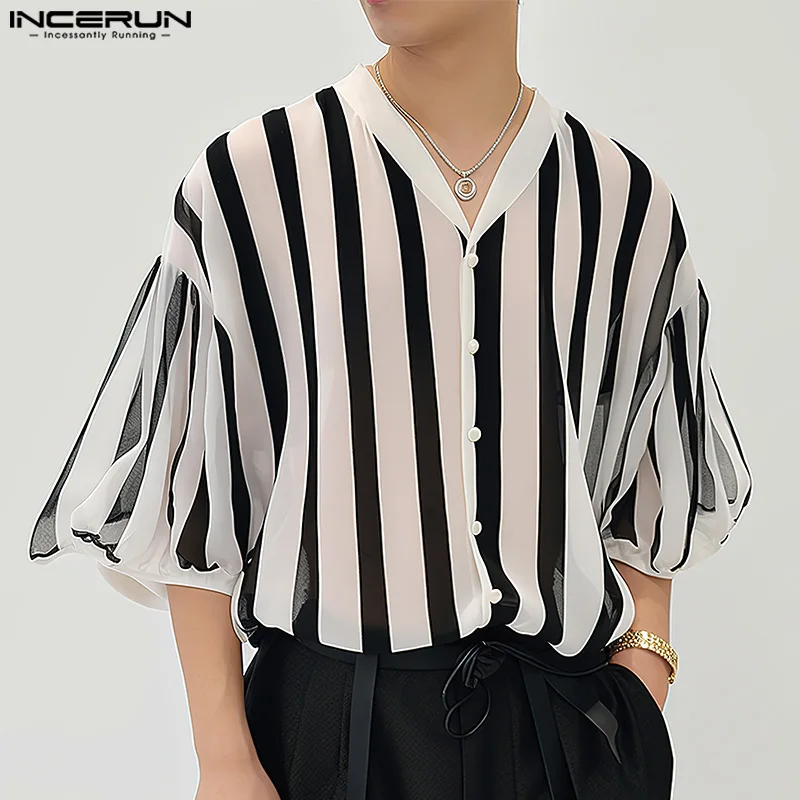 INCERUN Tops 2024 Korean Style Men's Black&White Chiffon Striped Shirts Casual Street Simple V-neck Medium Sleeved Blouse S-5XL