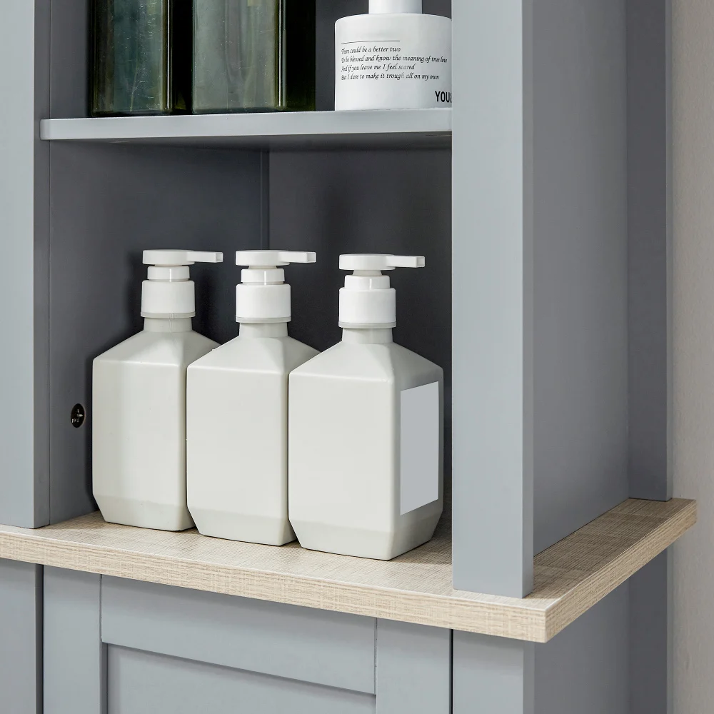 Kleankin Tall Grey Linen Tower Bathroom Storage Cabinet - 3 Tier Shelf 3