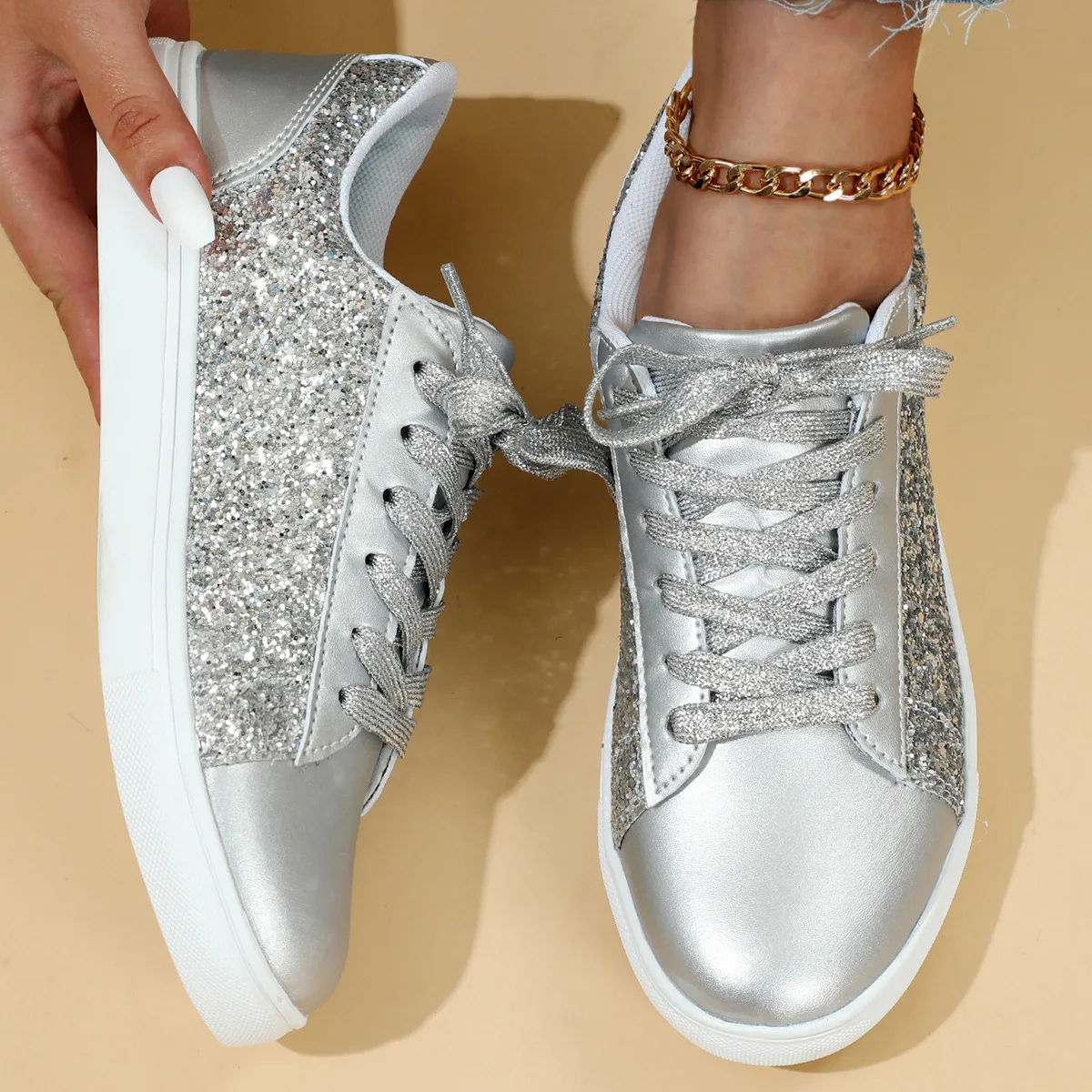 Stylish Brand Sport Shoes for Women Gold shiny Trendy Female Running Sneakers Platform Flats Outdoor Fitness Walking Travel Shoe