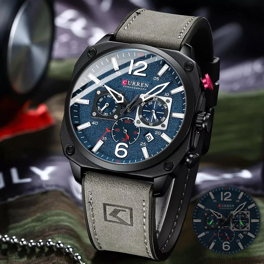 Men's Fashion Waterproof Chronograph Watch with Leather Band and Luminous Display