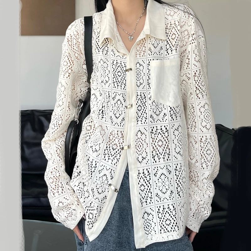 

Vintage Metal Button Hollow Out White Shirts Women Summer Long Sleeve Oversized Casual Crochet Blouse Elegant Beach Cover Up Top