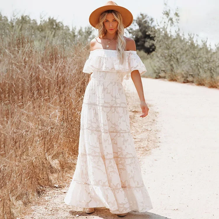 

White Slash Neck Dress Women Summer Butterfly Sleeve Jacquard Slim Lace Stitching Maxi Dress Hollow Out Zipper Ladies Dresses
