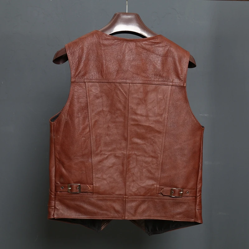 BONJEAN New Arrival Leather Motorcycle Vest Mens Slim Fit Real Brown Cow Genuine Leather Waistcoat Bikers Vest Size L-8XL