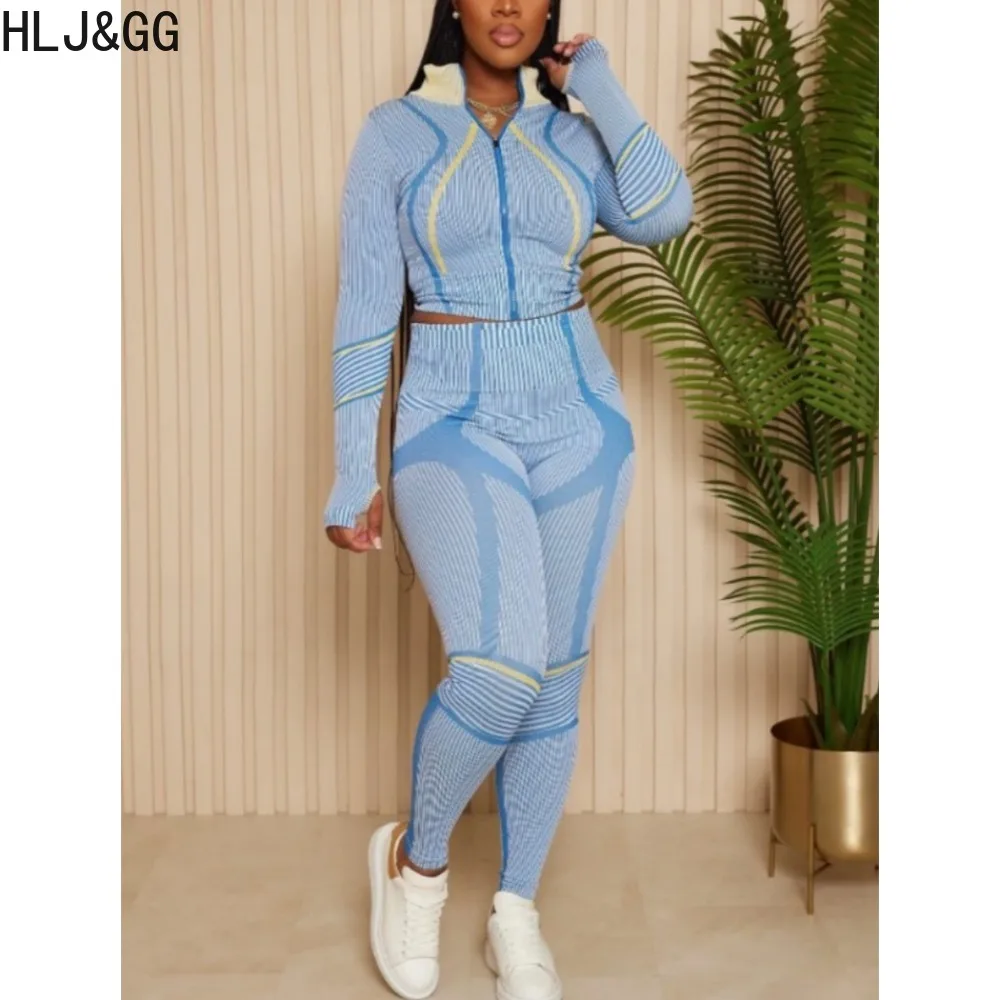 

HLJ&GG Autumn Casual Line Print Sporty Two Piece Sets Women Zipper Long Sleeve Top + Skinny Pants Tracksuits Female 2pcs Outfits