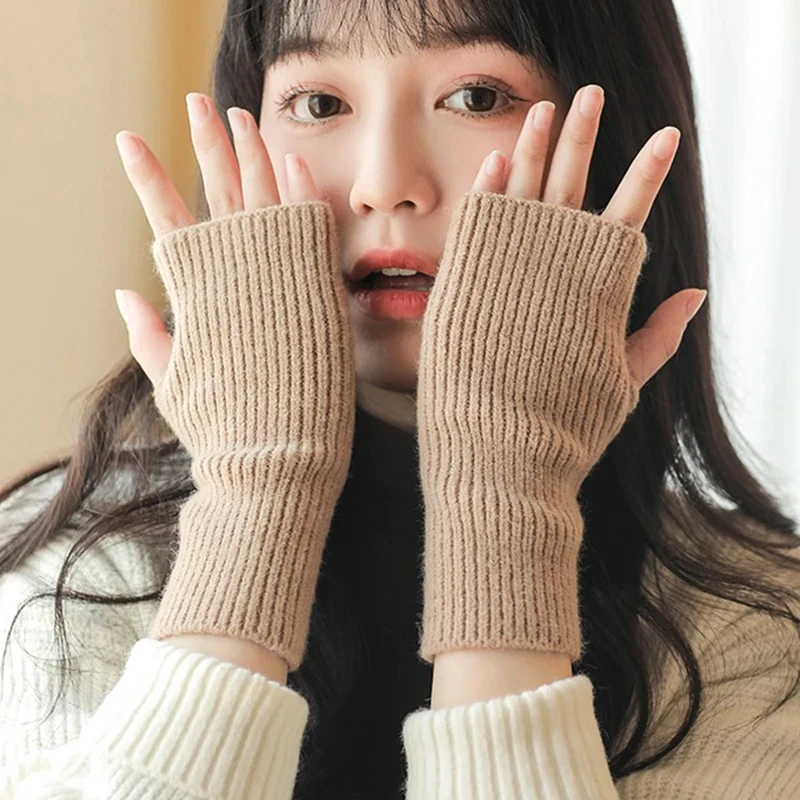 

INS Korean Winter Warm Fingerless Knitted Gloves Women Solid Color Stretch Mittens Exposed Finger Gloves arm warmers guantes