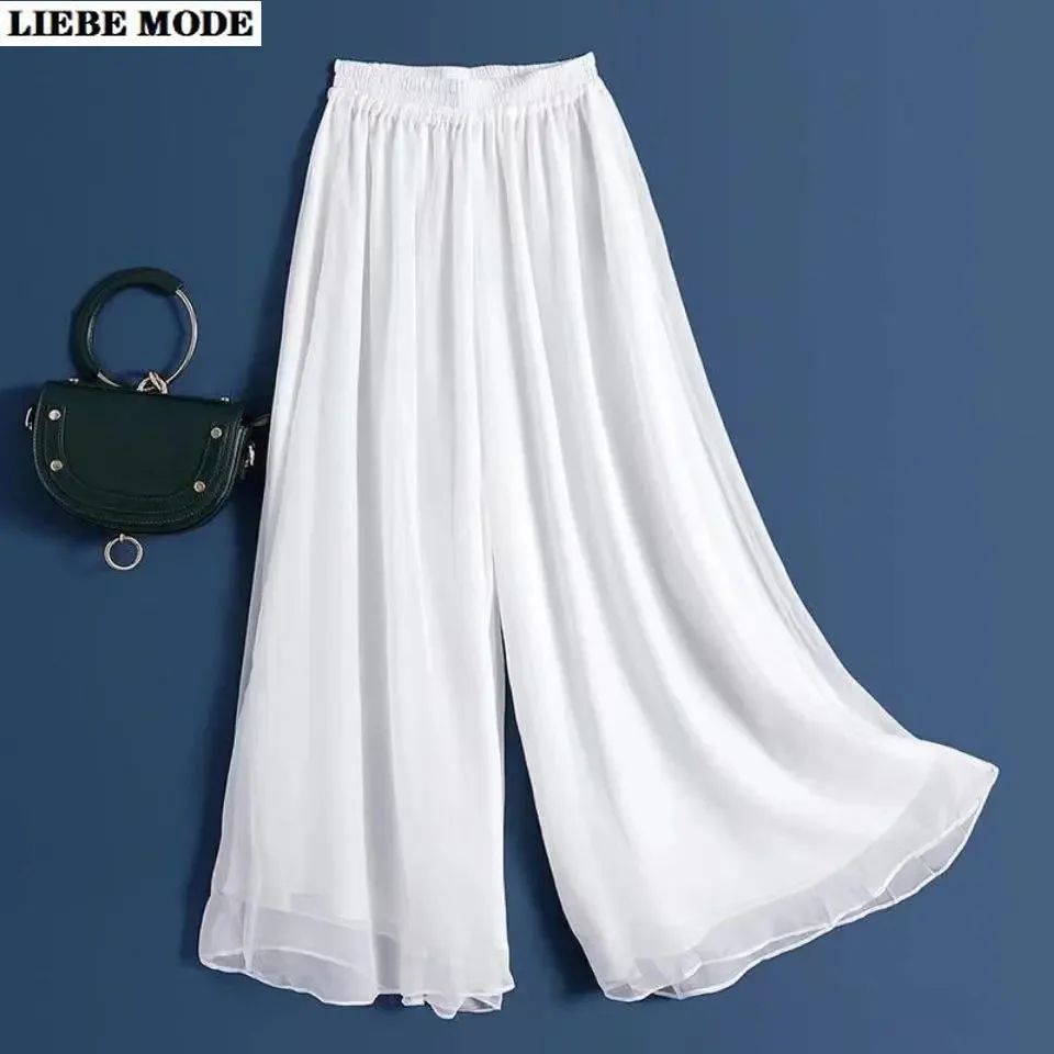 

Fashion Woman Casual Chiffon Straight Wide Leg Pants Summer Red Pink Ladies Loose Elastic High Waist Female Culottes Trousers