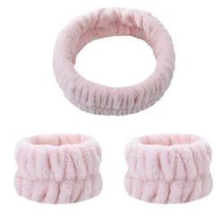 Women's Absorbent Waterproof Face Wash & Makeup Wristband Set with Headband (Light Pink)