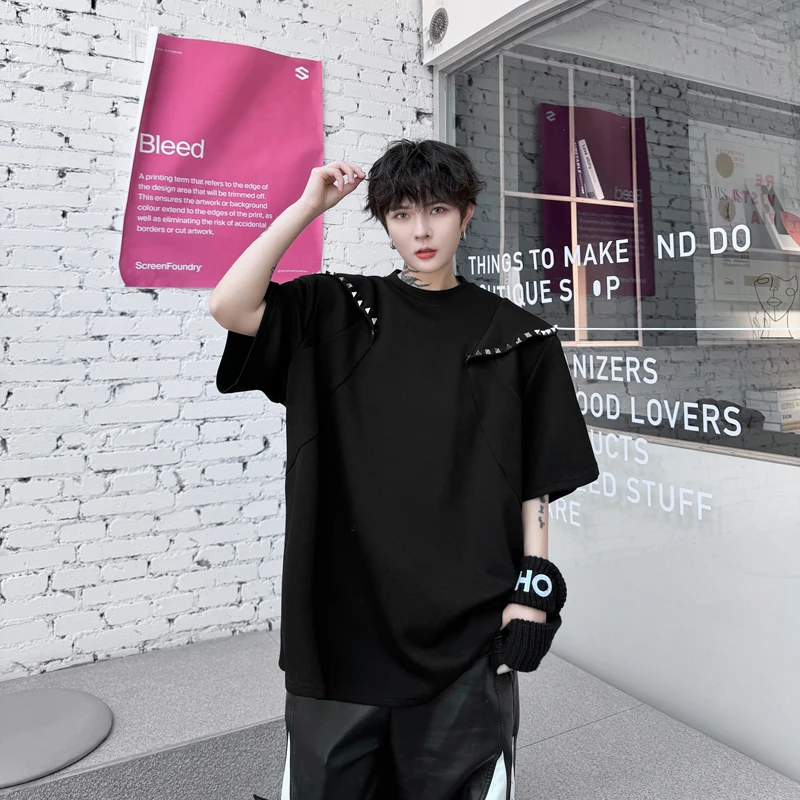 

Футболка SYUHGFA мужская с круглым вырезом, Свободный Топ с коротким рукавом, с заклепками, в стиле пэчворк, с украшением, лето 2024