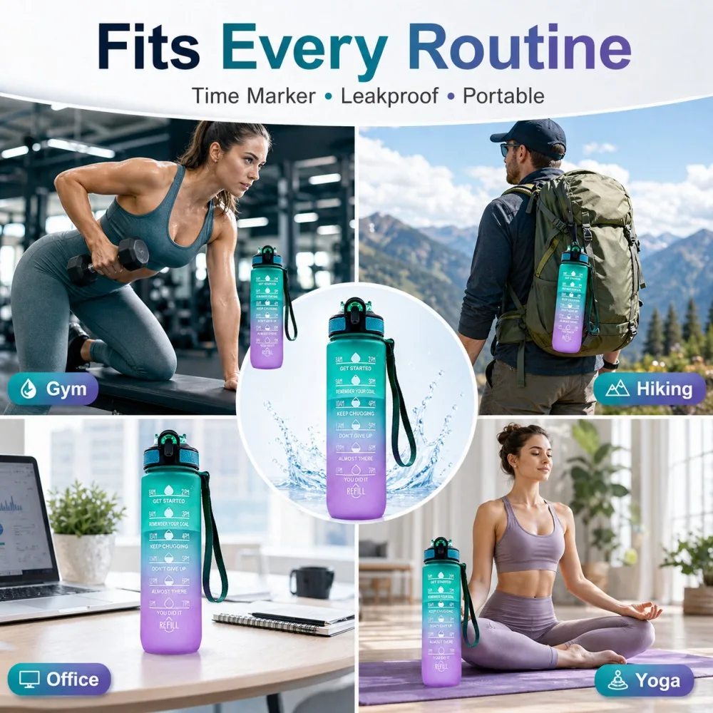 Large Gradient Leakproof Water Bottle with Time Marker - Ideal for Sports, Fitness, and Everyday Use