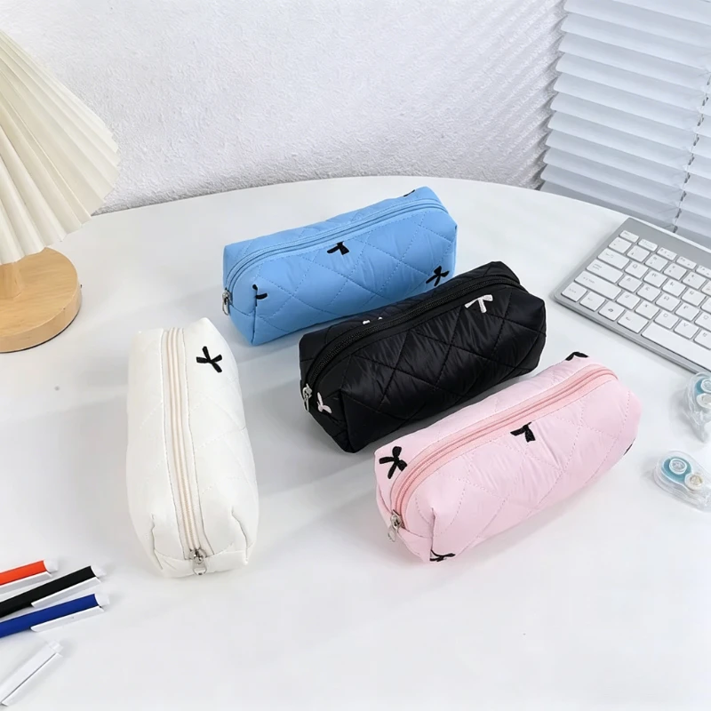 Astuccio Semplice Monocolore con Fiocco, Portatile, Scatola Portaoggetti da Scrivania, Borsa Multifunzionale per Studenti e Penne Scolastiche - immagine 3