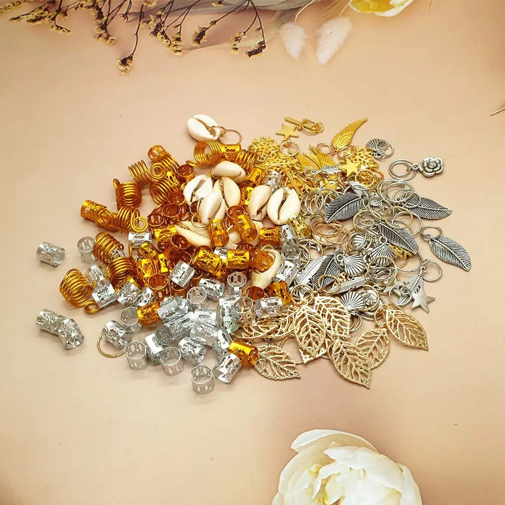 220pcs 15 Style Mix different Metal Leaves Ring Hair Braid Dreadlocks Beads Clips Hair Decoration Accessories with Storage Box