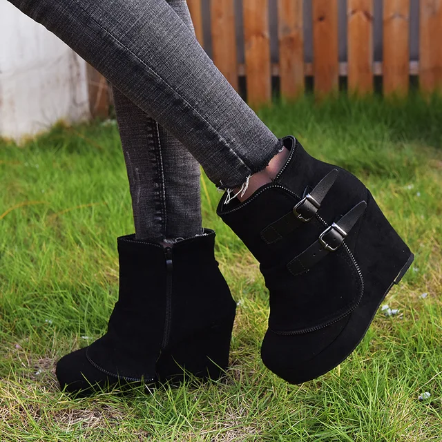 2025 Modern High-heel Boots for Women Ankle Wedges Suede Ladies Shoes Splicing Fake Zip Belt Buckle Height Increasing Daily Wear 5