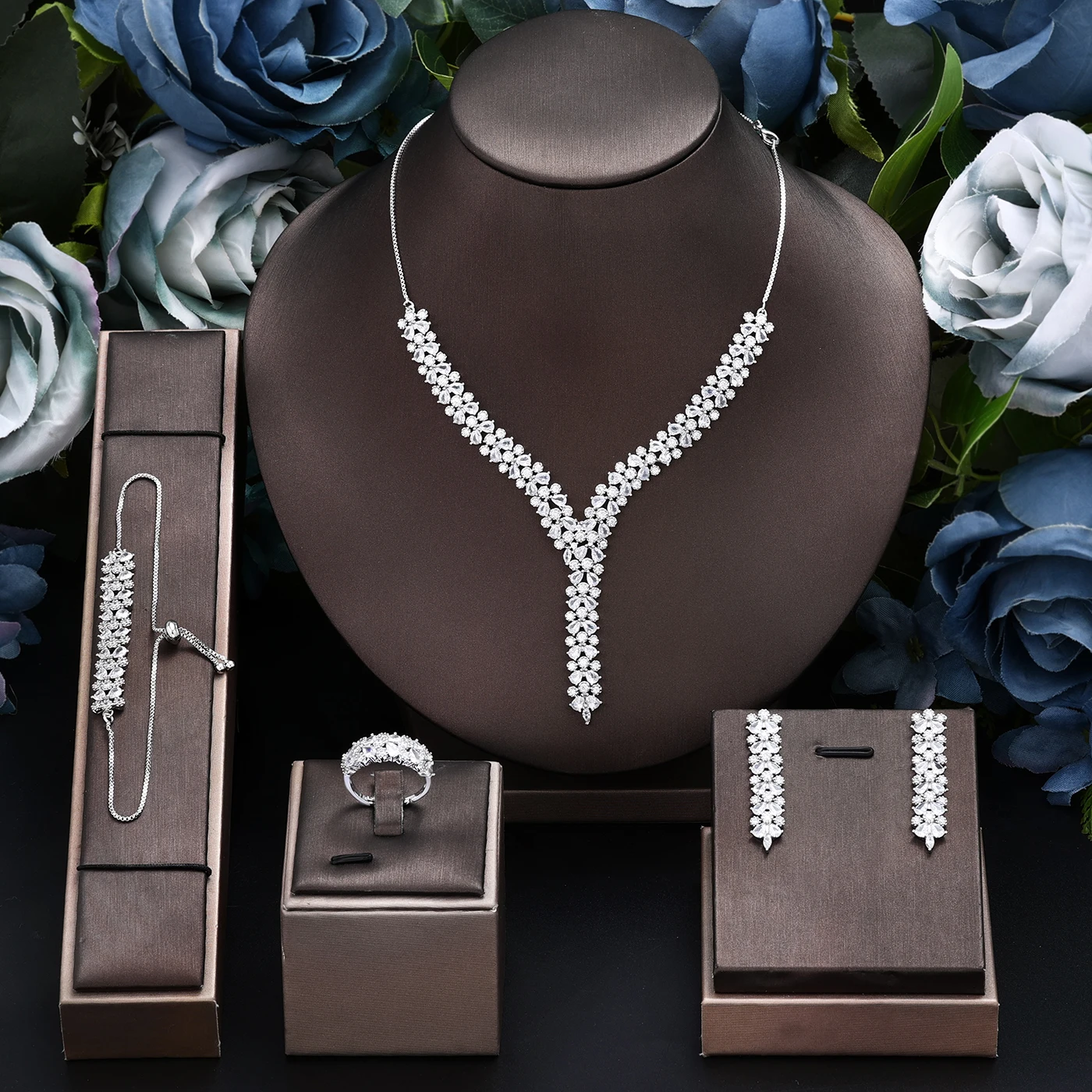 

2023 New 4-piece 3A Zircon Bridal Jewelry Set, Suitable for Women's Wedding Cubic Zirconia CZ African Dubai Bridal Jewelry