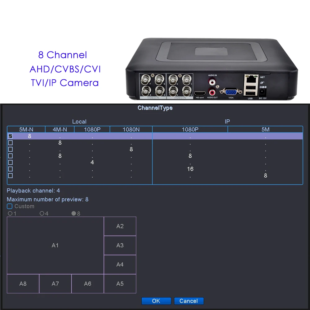 AZISHN 5MP 5 in 1 CCTV Mini DVR TVI CVI AHD CVBS IP Camera Digital Video Recorder 4CH 8CH AHD DVR NVR CCTV System 5MP/2MP network video recorder