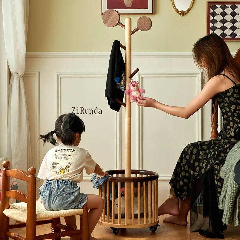 French retro solid wood children's coat rack floor-to-ceiling movable small apartment bedroom living room