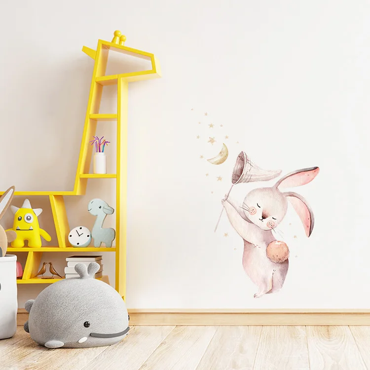 Cartoon Hase Mond Stern Wandaufkleber für Schlafzimmer Kinderzimmer Dekoration Tapete Heimdekor Niedliche Kindergarten Verschönerungs-Aufkleber – Detail 2
