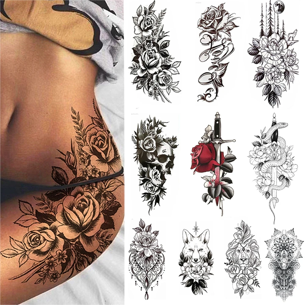 10-delige waterdichte tijdelijke tattoo sticker sexy bloem wolf leeuw  schedel diamant roos mes body arm kunst vrouwen mouw persoonlijkheid -  AliExpress, image size:1000x1000