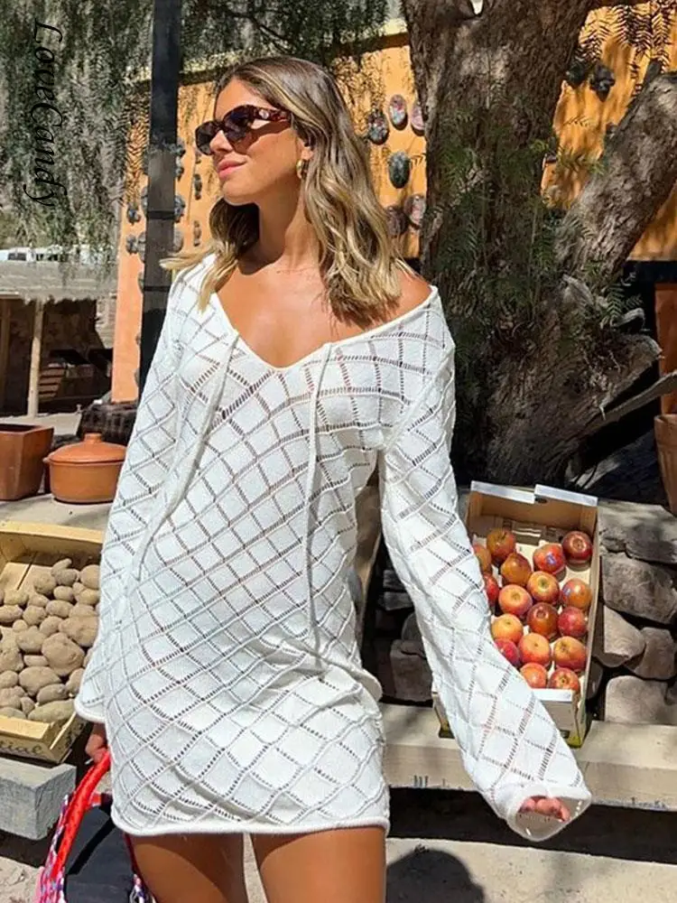 

Сексуальное клетчатое вязаное мини-платье с открытой спиной, модное Шикарное облегающее короткое платье на шнуровке с длинным рукавом, женское пляжное платье для отпуска, 2023