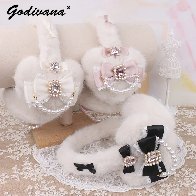 Handmade Japanese Sweet Mine Hairy Rhinestone Big Love Bow Warm Earmuffs Lolita Sweet Girls Earmuffs warm earmuffs